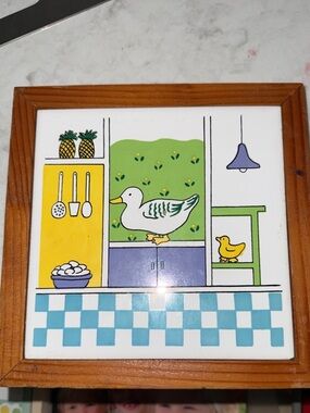 Kitchen Duck Wall Art Ceramic Tile - White, Yellow, Green, Blue